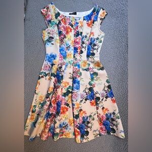 Signature By Robbie Bee Multicolor Floral Cap Sleeve Pleated Dress Womens Size M